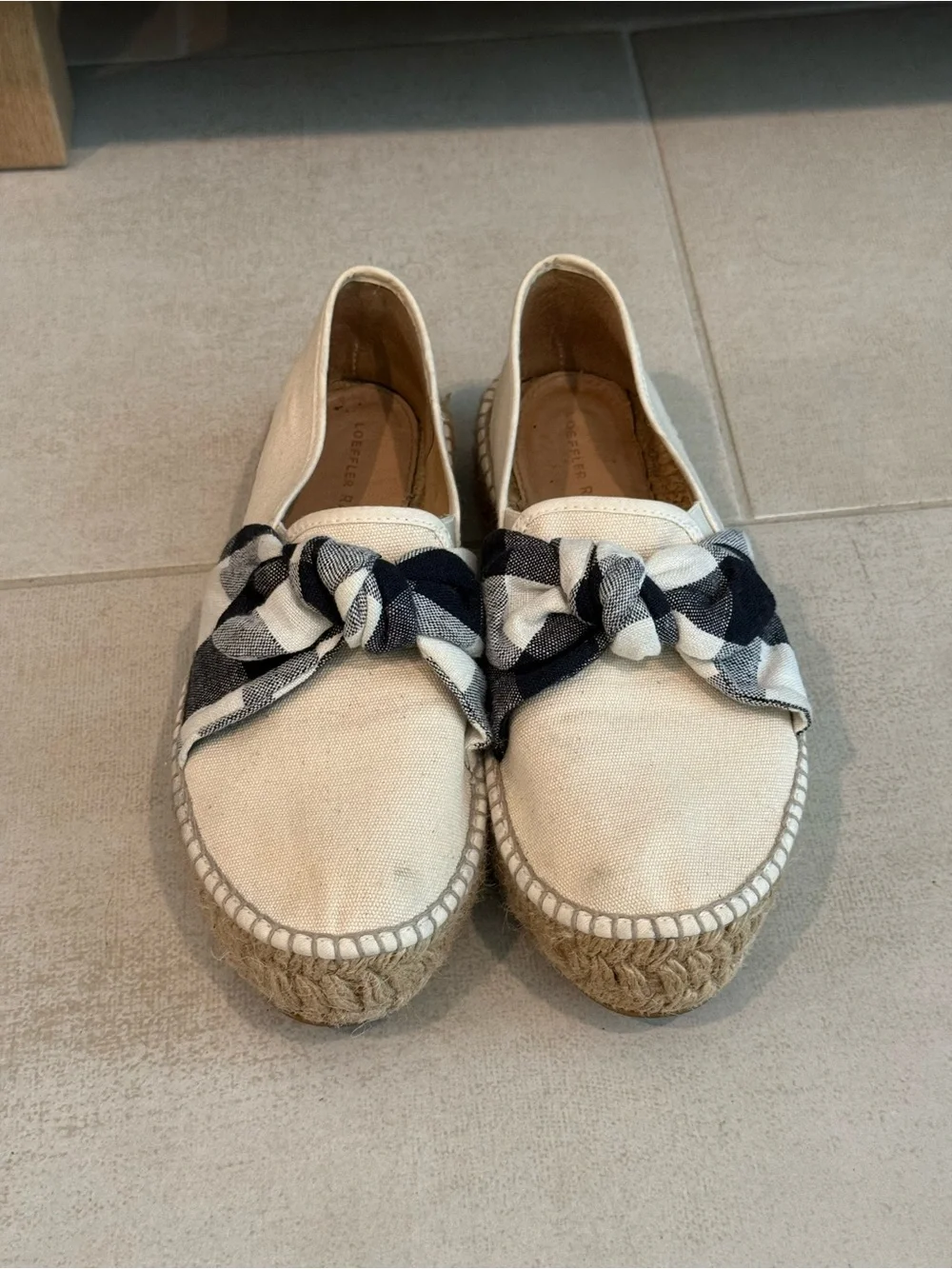 Loeffler Randall Cream Canvas Espadrille Slip-Ons with Black-and-Cream Plaid Bow